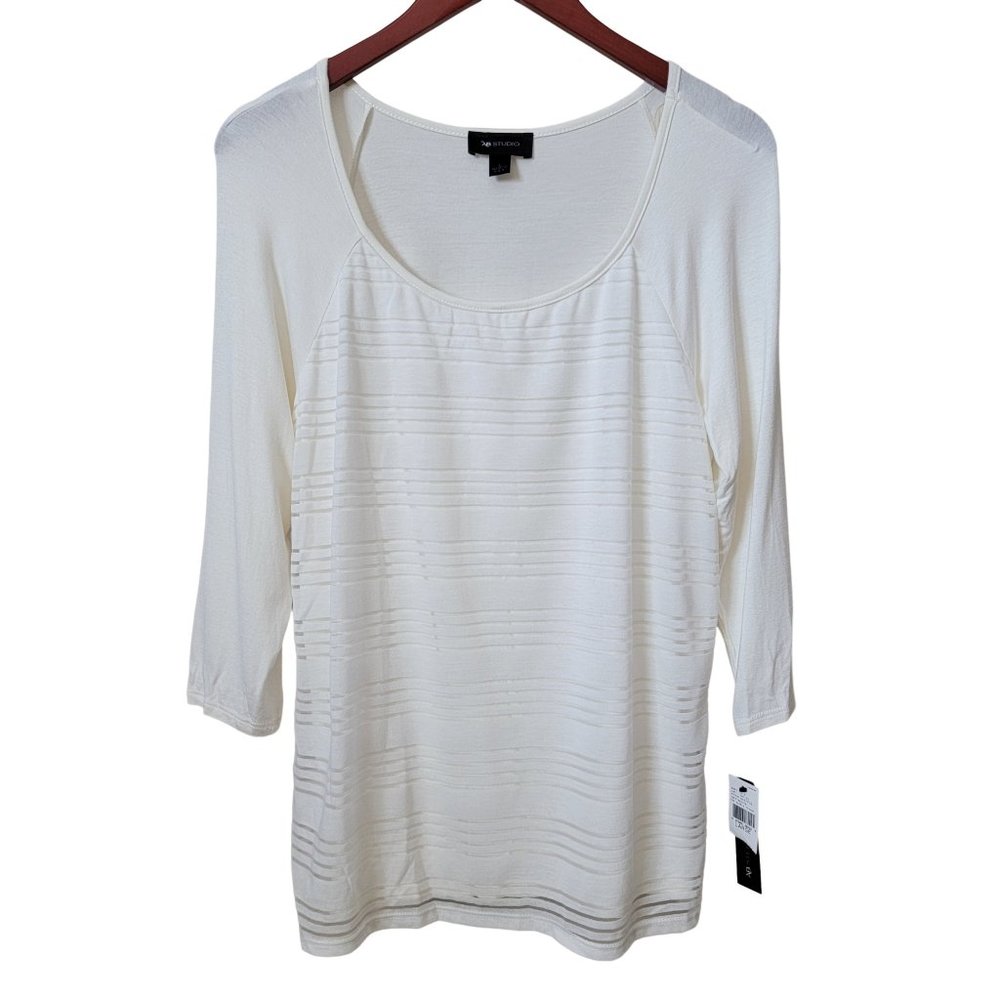 AB Studio Off White Striped Three Quarter Sleeve Scoop Neck Top